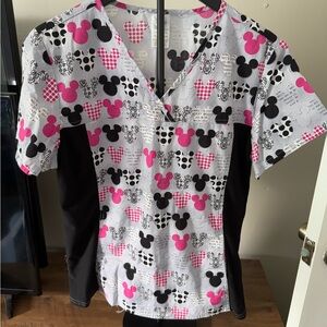Disney Mickey Mouse Heart Pattern Scrub Top - Pink, Black, and White